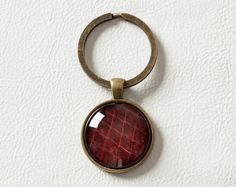 Genuine Python Key Ring, Red Snakeskin Key Fob, Antique Brass and Glass Photo Jewelry Style, Snake, Father's Day Gifts