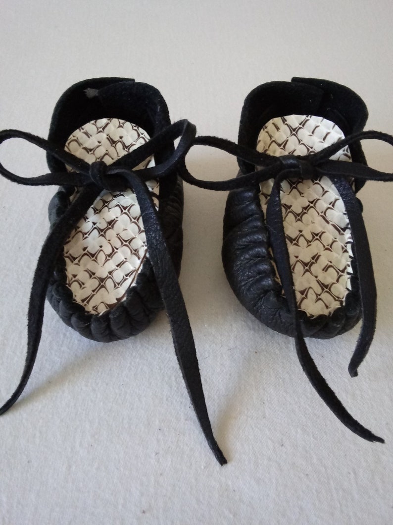 Black Deerskin Leather Baby Moccasins in Python, Unique Handmade Baby Shower Gift, Newborn Infant Preemie Toddler Booties Shoes Slippers image 1