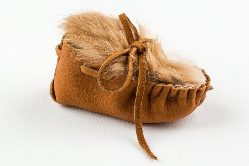 Deerskin Leather Baby Moccasins, Toddler Shoe, Rust Rabbit Fur, Handmade Baby Shower Gift, Preemie Booties, Unique Unisex Newborn Slippers image 1