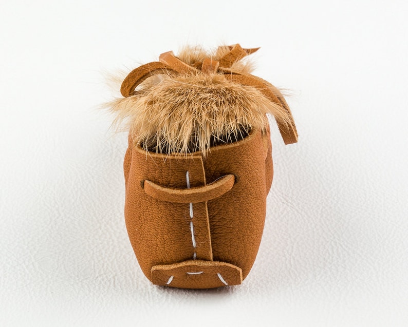 Deerskin Leather Baby Moccasins, Toddler Shoe, Rust Rabbit Fur, Handmade Baby Shower Gift, Preemie Booties, Unique Unisex Newborn Slippers image 3