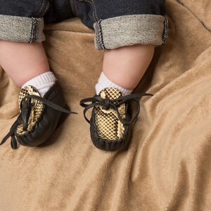 Black Deerskin Leather Baby Moccasins in Python, Unique Handmade Baby Shower Gift, Newborn Infant Preemie Toddler Booties Shoes Slippers image 2