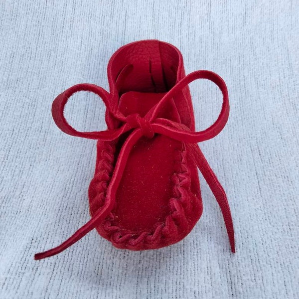 Christmas Ornament, Baby Moccasin, Red Deerskin Suede Leather Booties, Deerskin Moc, Xmas Gift