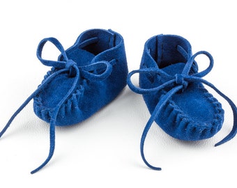 Blue Suede Leather Baby Moccasins, Newborn Deer Hide Booties, Toddler Infant Preemie Slipper Shoes, Unique Handmade Baby Shower Gift