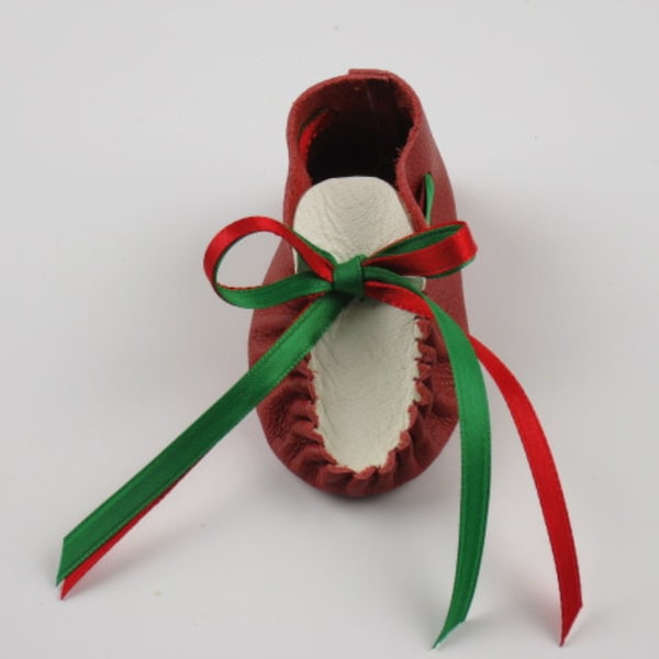 Christmas Ornament, Baby Moccasin, Red Leather Booties, Red and Green Ribbons,  Deerskin