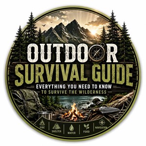 May include: A circular sign featuring the text OUTDOOR SURVIVAL GUIDE EVERYTHING YOU NEED TO KNOW TO SURVIVE THE WILDERNESS. The design includes a mountain landscape, a campfire, a backpack, a knife, and icons for fire, shelter, water, food, and navigation.