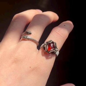 May include: A silver-toned ring shaped like a coiled snake and a second silver-toned ring featuring a central dark red gemstone encased in intricate wire-wrapped metal detailing. Both rings are worn on fingers, showcasing the metallic texture.