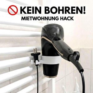 Föhnhalter für Handtuchheizkörper | Mietwohnung Hack ohne Bohren | Haartrockner Halterung Weiß | Bad Aufbewahrung mit Kabelhalter & Haken