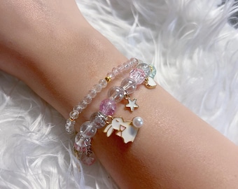 Easter Bunny Beaded Bracelet Set | Pastel Kawaii Charm Stack for Girls