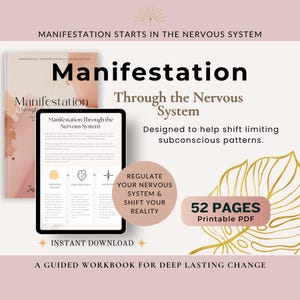 May include: A digital workbook titled "Manifestation Through the Nervous System" is displayed on a tablet and a book. The design includes text, diagrams, and the phrase "Instant Download". The workbook is designed to help shift subconscious patterns.