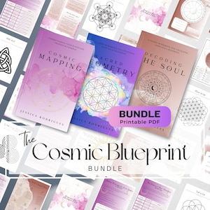 May include: The Cosmic Blueprint Bundle includes three books: "Cosmic Mapping," "Sacred Geometry," and "Decoding the Soul." The books have watercolor backgrounds in shades of pink, purple, and brown. The bundle also includes printable PDF worksheets.