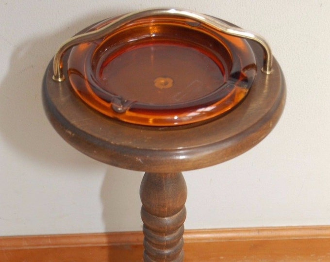 Vintage Cigar Ashtray Stand Amber Glass Wood Floor Pedestal Etsy