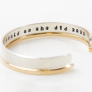 Handmade inspirational graduate gift cuff set. Hand stamped with the expression she believed she could so she did on the inside, outside is hand hammered. Wider cuff is silver and thinner cuff is nu gold. Best graduation gift or encouragement gift.