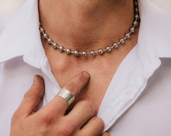Collier chaîne boule en acier inoxydable : grosse chaîne surdimensionnée de perles en argent - hypoallergénique, résistant à la transpiration, bijoux tendance pour homme