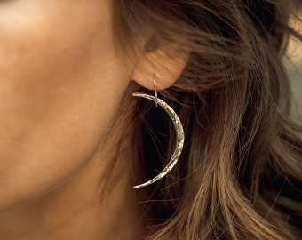 Moon Earrings, Hand Forged Crescent Design: Textured Silver or 14K Gold Filled, Celestial Style | 44mm Length, Women Artist Jewelry