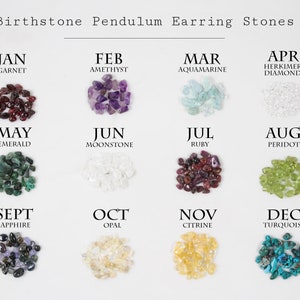 Image shows piles of the stones offered in the Birthstone Bar Earrings to show variations in both size of stone and color. Offered: garnet, amethyst, aquamarine, Herkimer diamond, emerald, moonstone, ruby, peridot, sapphire, opal, citrine, turquoise.
