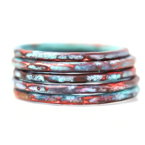 Stacking Rings / Stackable / Mint on Red Patina Rings / Stacking Rings / Mint Ring / Mint Jewelry / Patina / Colorful Stacking Rings / Gift