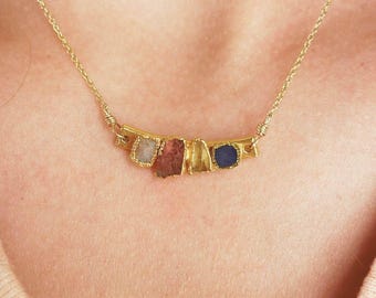 Birthstone Necklace For Mom | Personalized Family Bar Pendant | Raw Stones, Silver or Gold, Custom Length