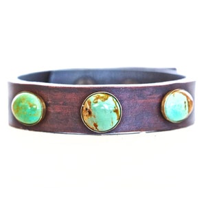 Turquoise Leather Rustic Cuff - Hand-stained Green Turquoise and Leather Bracelet - Gift for Her - Hip - Unique Gift - Boho Chic - Bohemian