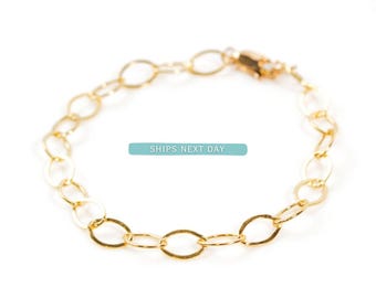 Pulsera de cadena chapada en oro de 14 k con eslabones ovalados, longitud ajustable (eslabones de 8 x 6 mm, chapada en oro, joyería para mujer)