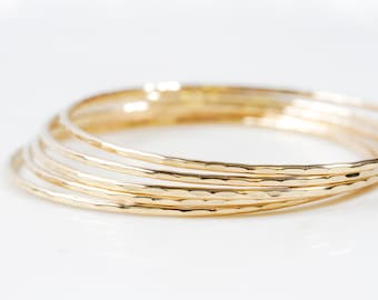 Gold Bangles / Stacking Bangles / Thin Gold Bracelets / Hand Hammered / Unique / Fashion Trend / Gold Trending / Fine Metal Bangles / Stack