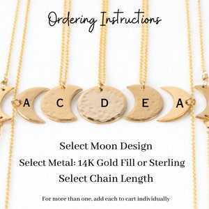 Images shows all seven styles offered in the series. Representing the phases of the moon, these make excellent bridesmaid and wedding party gifts. Offered in sterling silver or yellow gold, you select the moon design, the metal and the chain length.