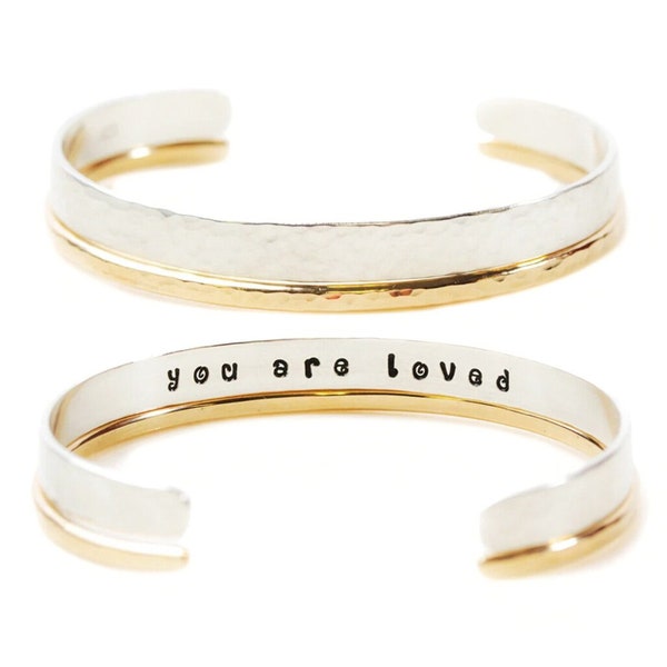 You Are Loved Cuff Set Handcrafted Bracelets, Inspirational Message (Sterling Silver & Gold Fill, Adjustable Sizes, Gift for Her)