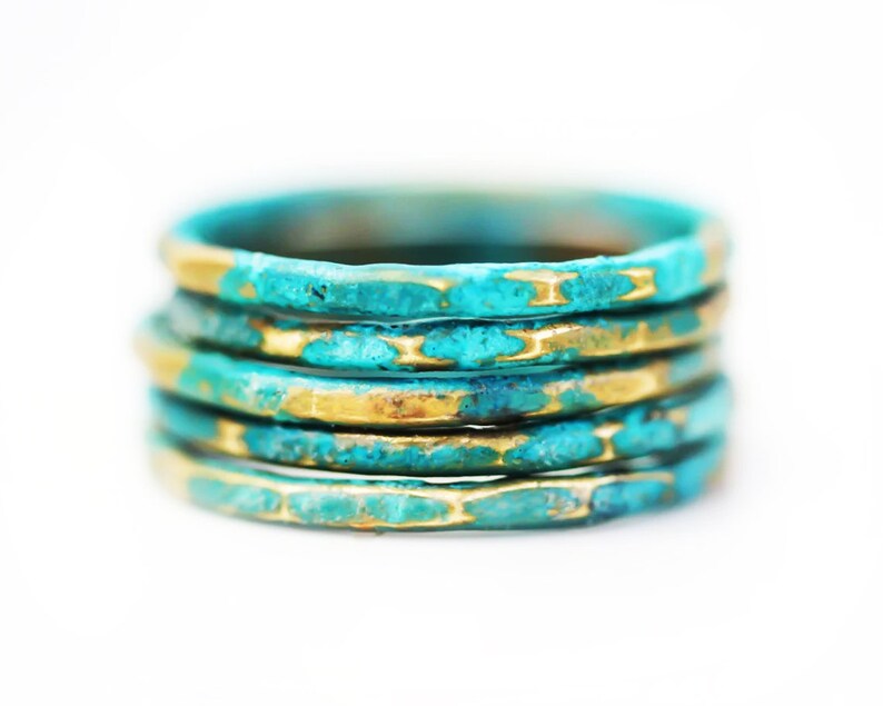 Stacking Ring / Patina Ring / Patina Jewelry / Rustic Ring / Oxidized / Green Ring / Stackable Rings / Colorful Stacking Ring / Mint Gold image 1