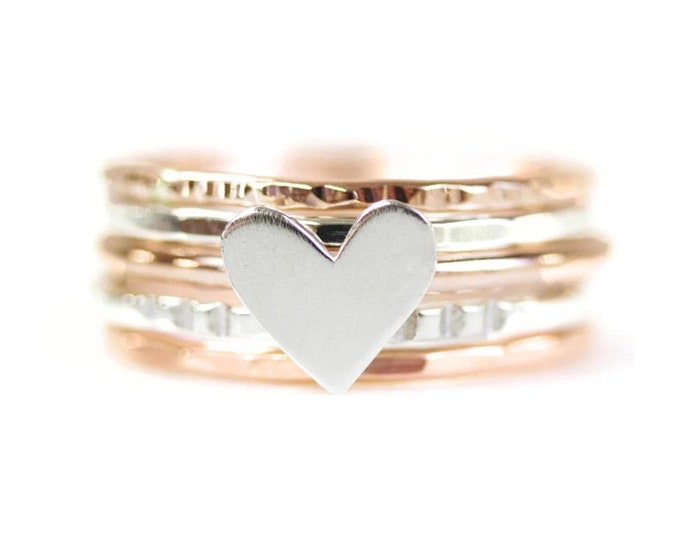 Heart Ring Set / Stacking Rings / Mothers Day Gift / Stackable Rings / Love Gift / Rustic Rings / Anniversary Gift / Gift For Her