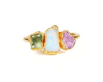 Gioielli personalizzati - Anello per la mamma con pietre preziose grezze - Pietre natali organiche, placcatura in oro rosa 18 carati, selezione personalizzata di pietre, regalo per la mamma