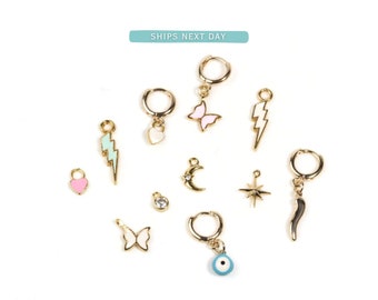 Mini Charm Hoops / Tiny Huggie Hoops / Mix and Match Charm Hoops / Dainty Earrings / Tiny Hoops / Evil Eye / Heart Hoop / Asymmetric Hoops