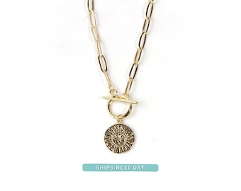 Collar con medallón dorado y clip de papel, cadena sólida y glamurosa resistente al deslustre, colgante con diseño de sol, joyería de uso diario en capas.
