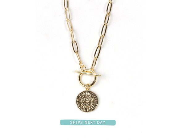 Paperclip Necklace Gold Medallion - Tarnish Resistant Solid Glam Chain, Sunshine Pendant - Layered Everyday Wear Jewelry
