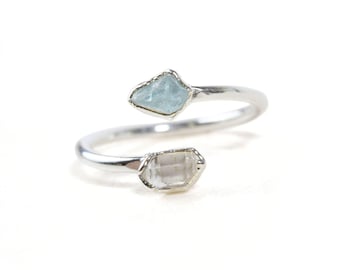 Raw Birthstone Ring | Two Stone Band: Natural Dual Raw Gemstones - Couples Jewelry, 14k or 18k Gold, Handmade Jewelry