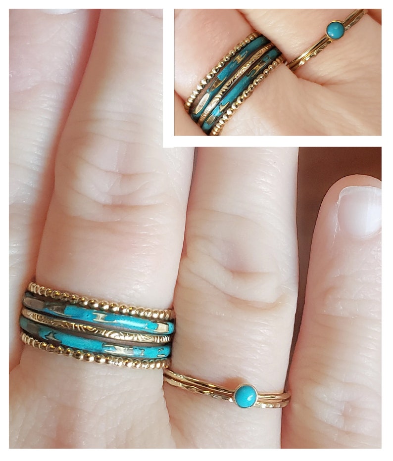 Photo shows the patina rings from this listing paired with our 14 karat textured stacking rings and our birthstone ring. Mix and match to create a fun personalized and unique set of stackable rings.