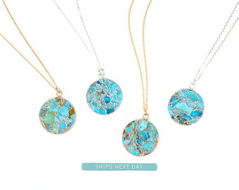 Collar de turquesa dorada / Collar de turquesa / Collar de turquesa plateada / Collar de monedas / Turquesa y oro / Joyería de otoño / Regalo de graduación / turquesa