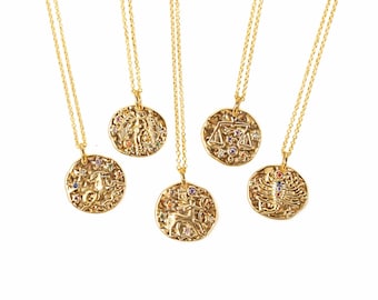 Zodiac Necklace, Gold Medallion Pendant, Astrology Birthday Gift