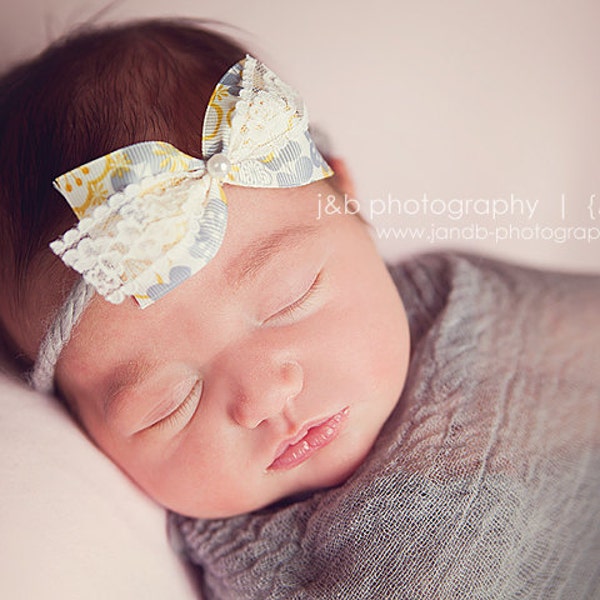 Yellow and Grey Bow Tie Yarn Halo Headband - Newborn Photography Prop