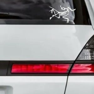 Peut inclure: Autocollant blanc représentant un squelette stylisé, possiblement de lézard ou de dinosaure, sur la vitre arrière d'une voiture blanche. Le feu arrière rouge de la voiture est visible en dessous.