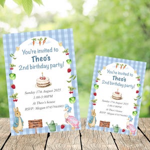 May include: Two birthday party invitations with a blue gingham pattern. The text reads "You're invited to Theo's 2nd birthday party!" with event details. Illustrations include a cake, rabbit, duck, and garden elements. The date is Sunday 17th August 2025.