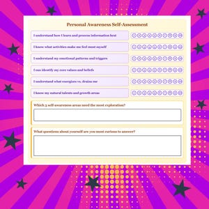Puede incluir: Un formulario de autoevaluación titulado "Personal Awareness Self-Assessment" con preguntas sobre aprendizaje, actividades, emociones, valores, energía y talentos. Incluye escalas de calificación y espacio para respuestas abiertas. El fondo es morado con gráficos de explosiones estelares y estrellas.