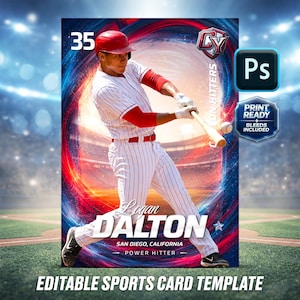 Könnte beinhalten: Baseballkarten-Vorlage mit einem Baseballspieler in roter und weißer Uniform, der einen Schläger schwingt. Die Karte enthält den Namen des Spielers, "Logan Dalton", und Team-Informationen. Der Hintergrund hat ein dynamisches rot-blaues Design mit der Nummer "35" oben.