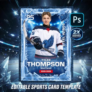 Op de afbeelding: Een hockey sportkaart sjabloon met een speler in een wit en blauw shirt met het Steel Wings logo. De kaart bevat de naam van de speler, zijn positie en de jaren 2025-2026. Het ontwerp heeft een ijzig thema met de tekst "Bewerkbare sportkaart sjabloon".