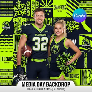 May include: A navy blue football uniform with the number 32 and a matching cheerleading uniform with neon green accents. The backdrop features text that reads "Wild Falcons," "Champions," and "Legends." A football and pom-poms are also visible.