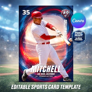 Può includere: Modello di carta da baseball con un giocatore di baseball in uniforme rossa e bianca, che colpisce la palla. La carta include il nome del giocatore, il logo della squadra e il testo "EDITABLE SPORTS CARD TEMPLATE". Lo sfondo presenta uno stadio e un design a spirale blu e rosso.