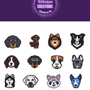 May include: A selection of dog-shaped charms, featuring breeds like dachshunds and huskies, in a range of colours. The charms have detailed faces. The image also includes the text "Uniquely You Witnique Creations Uniquely by Me".