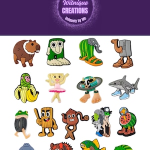 May include: A selection of colourful shoe charms depicting cartoon characters and animals. The charms include a capybara, a green boot-shaped figure, an elephant, a camel, a monkey in a banana, a ballerina, a cow, a shark, a frog, a wooden figure, a teapot, a group of fish, an octopus, a rat, a fish, and a crocodile. The text "Uniquely You Witnique Creations Uniquely by Me" is in the background.