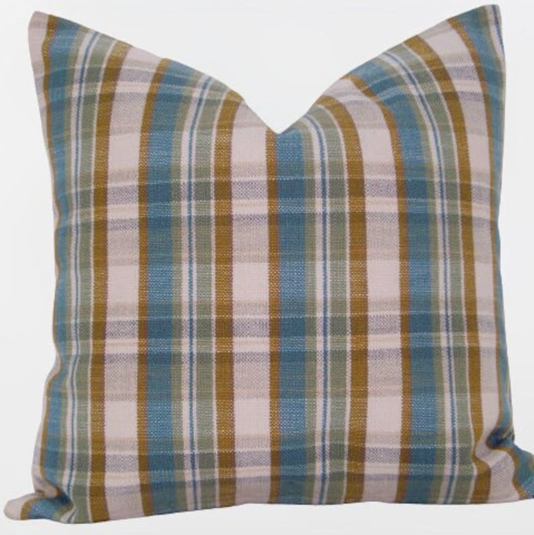 Blue Plaid Pillow Cover Seafood Aqua Blue Check Pillow Cover Etsy