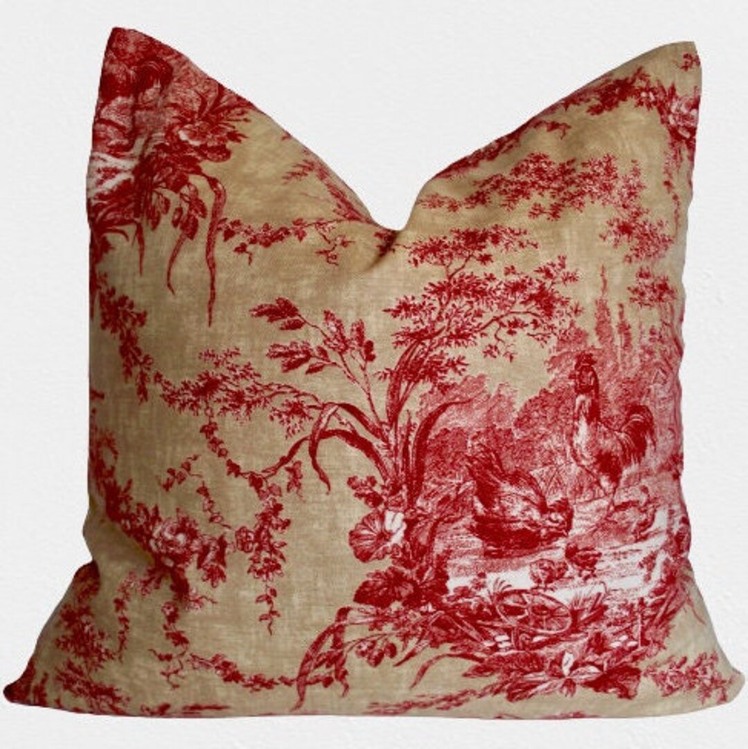 Red Toile Pillow Cover Waverly La Petite Ferme Ruby Rooster Etsy