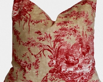 Red Toile Pillow Cover Waverly La Petite Ferme Ruby Rooster