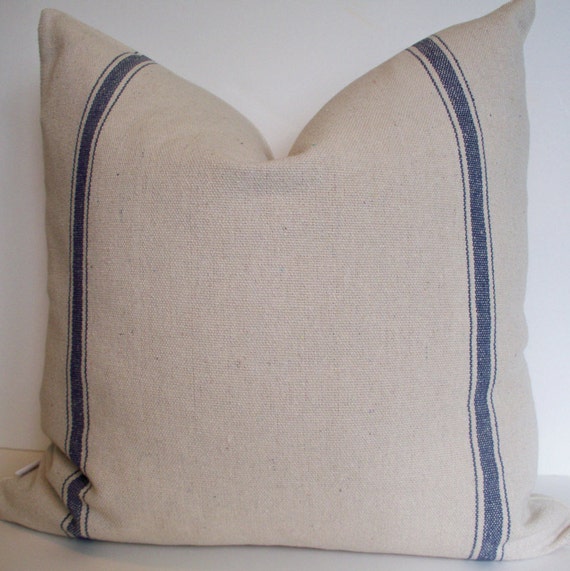 Blue Stripe Grainsack Pillow Blue Lumbar Pillow Blue Grain Sack Navy